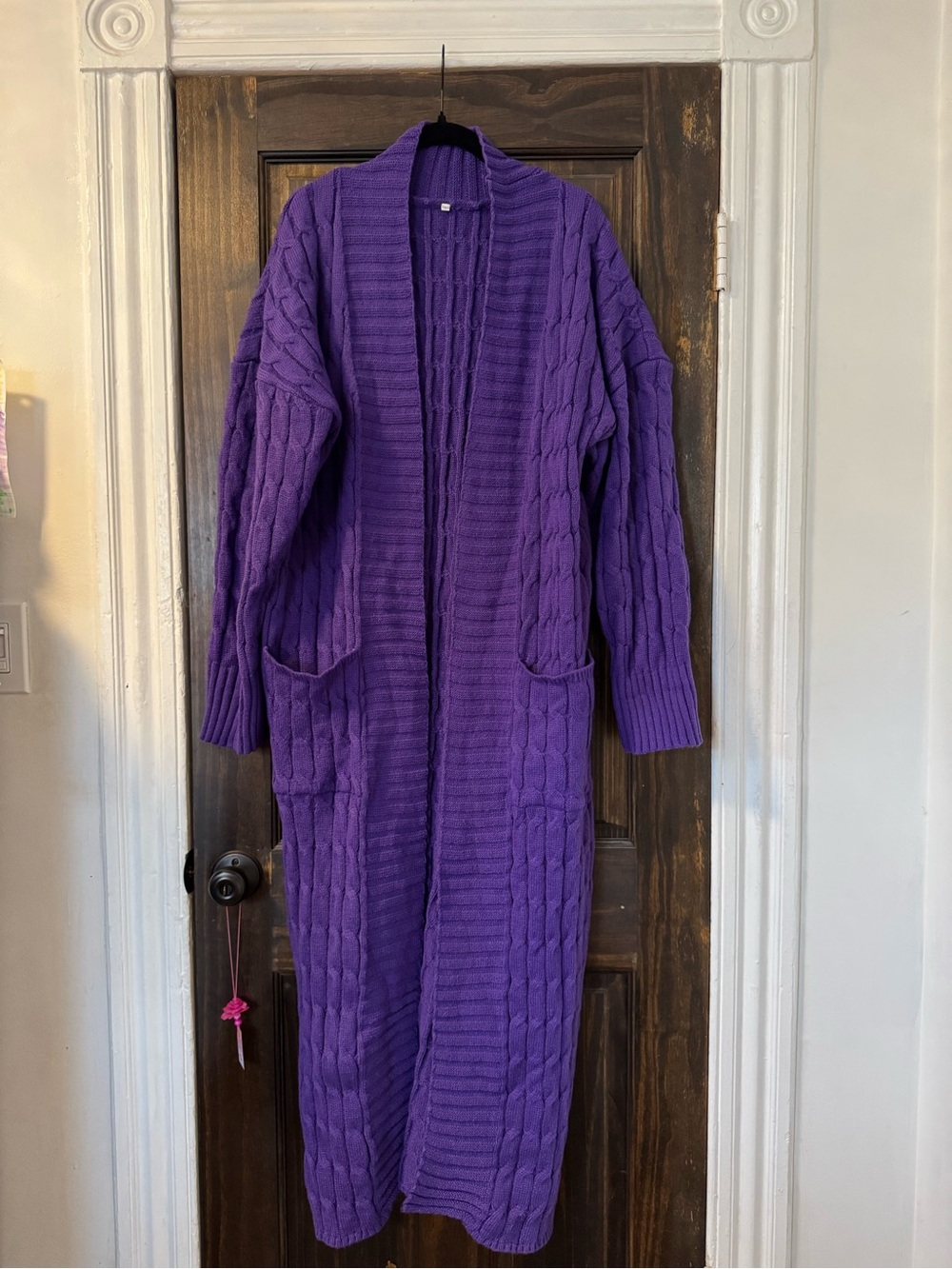 Purple Long Cable-Knit Open Cardigan